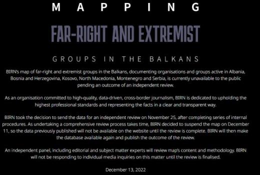 BIRN suspendovao mapu krajnje desnih i ekstremističkih grupa na Balkanu
