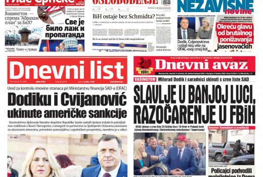 Ukidanje sankcija Dodiku - pogled na naslovnice u dva bh. entiteta